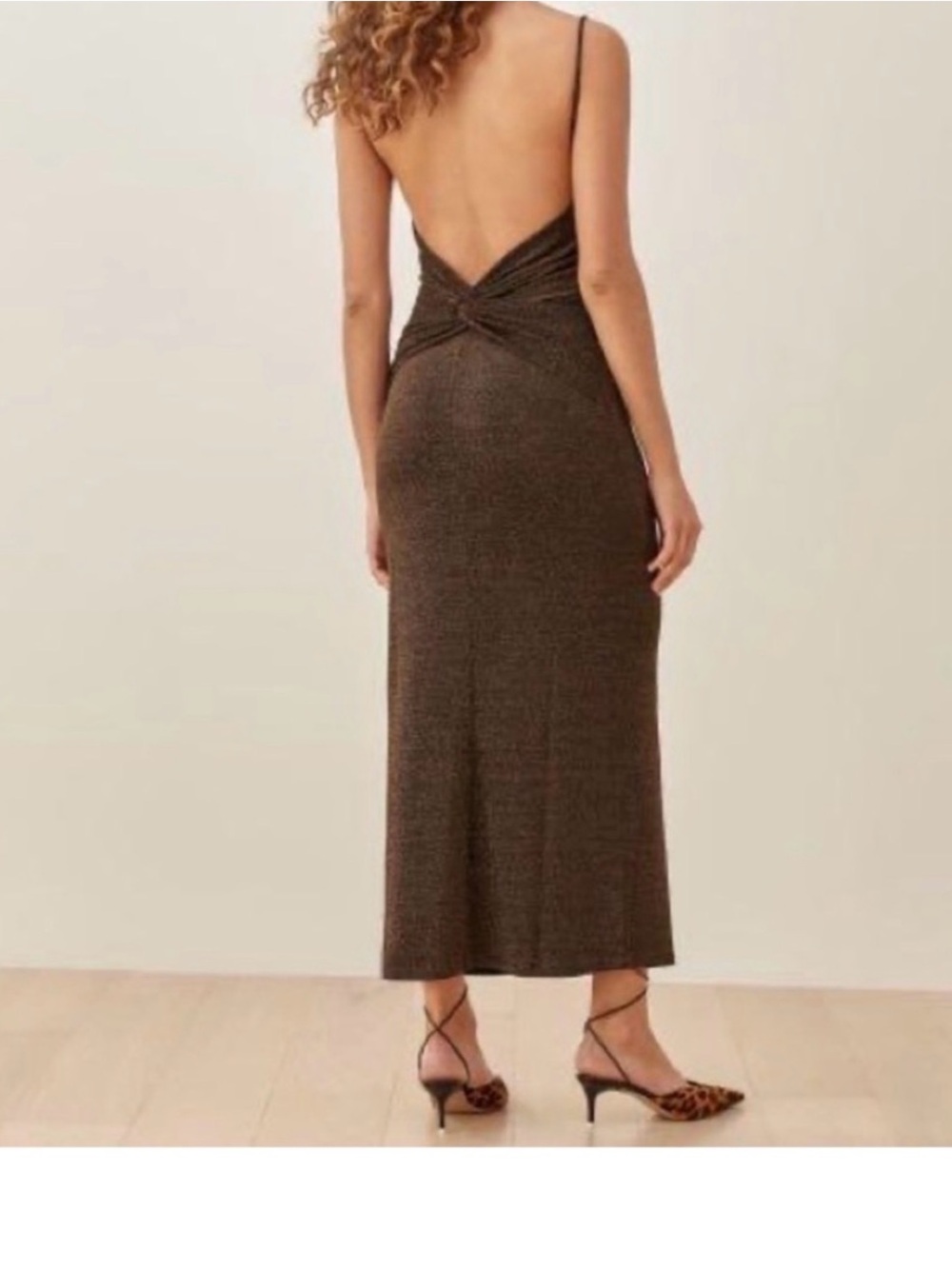 Commense Metallic Brown Backless Twist Midi Dress